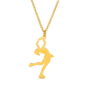 Polished gold stainless steel necklace with figure skater pendant on white background