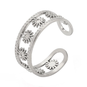 Adjustable stainless steel open ring featuring a cutout daisy pattern and beaded edges