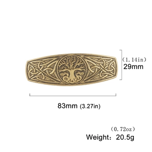 Detailed dimensions of a vintage Celtic tree of life hair clip in antique bronze