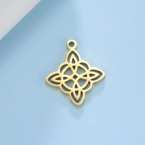 Polished gold stainless steel Witches Knot pendant necklace on light blue background