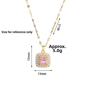 Gouden titanium stalen ketting met roze edelsteen vierkante hanger lengte 40+5cm