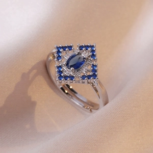 Vintage Blue Zirconia Flower Open Ring Adjustable Purple Clover Cluster Ring Korean Style Fashion Alloy Ring For Women Daily Jewelry
