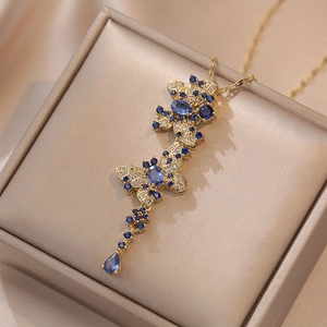Butterfly Tassel Pendant Necklace Titanium Steel Blue Zircon Micro Inlaid Water Drop Gem Luxury Fashion Women Jewelry