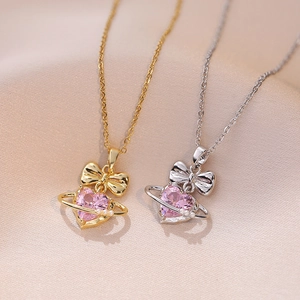 Collana Pendente Zircone Cuore Rosa Con Fiocco Anello Saturno Acciaio Inossidabile Gioielli Stile Fata Per Donne