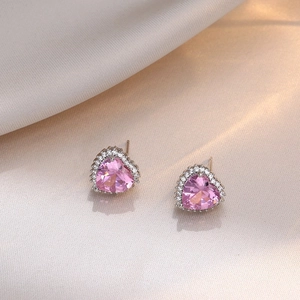 Elegant heart-shaped pink zircon stud earrings with a halo of small white crystals