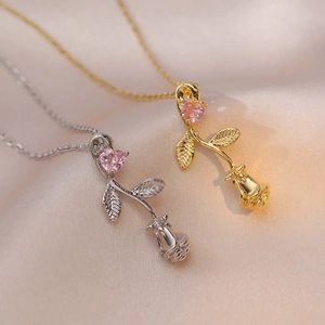 Collier Pendentif Rose Acier Inoxydable Zircon Coeur Rose Fleur Vintage Bijoux Romantiques Pour Femmes Chaîne De Clavicule