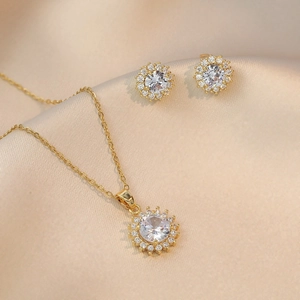 Collier Et Boucles D'oreilles Tournesol Acier Inoxydable Zircon Ton Or Mode Élégant Bijoux Cadeau Femmes