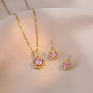 Round Pink Zircon Halo Pendant Necklace Titanium Steel Gold Plated Elegant Simple Jewelry For Women