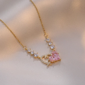 Heart Pendant Necklace Pink Zircon Stainless Steel Hollow Romantic Sweet Jewelry For Women
