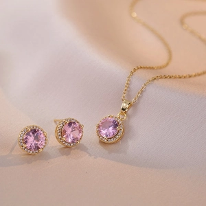 Collier Et Boucles D'oreilles Pendentif Zircon Rose Design Halo Acier Titane Géométrique Élégant Bijoux Doux Pour Femmes
