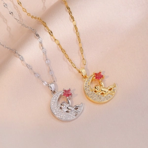 Collar Con Colgante de Oso Luna Creciente de Acero Inoxidable Zirconia Joyería Minimalista Mujer Estilo Coreano Estrella