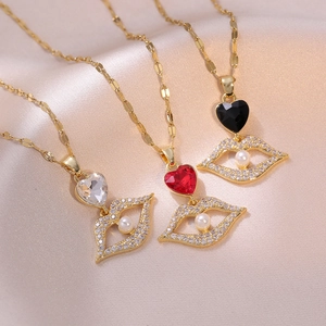 Collier Pendentif Lèvres Cristal En Forme De Cœur Acier Inoxydable Strass Avec Künstliche Perle D'Imitation Bijoux De Mode Pour Femmes