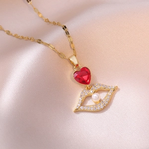Collier en titane doré avec cœur rouge, pendentif lèvres serti de diamants et perle