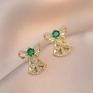 Orecchini A Lobo Campana Di Natale Fiocco Rame Placcato Oro Smeraldo Zircone Micro Pavé Gioielli Eleganti Regalo Donna