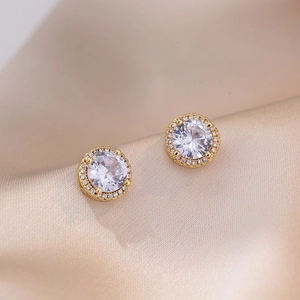 Boucles D'oreilles Puces Halo Rondes À Fleurs Pour Femmes Cuivre Zircon Brillant Incrusté Plaqué Or Bijoux Style Coréen