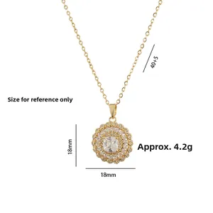 Elegant gold necklace with 18mm round zircon flower pendant and 40+5cm dainty chain