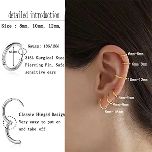 Detail view of 316L surgical steel hoop earrings in silver and gold with size specs
