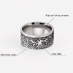 Vintage stainless steel Tree of Life ring with 10mm width and polished finish