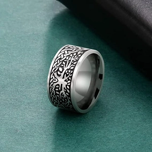 Vintage stainless steel tree of life ring with celtic knot relief and black finish