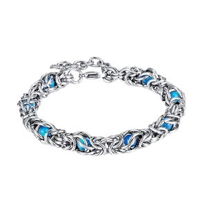 Byzantine chain bracelet with blue cat eye beads in polished stainless steel