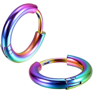 Detailed view of rainbow gradient stainless steel hoop earrings in a minimalist circular style