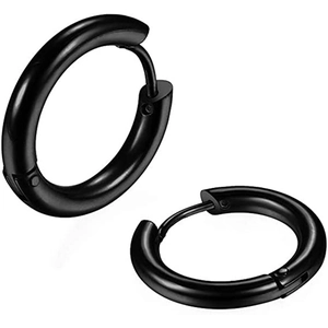 Close-up of minimalist black stainless steel hoop earrings with polished metallic finish