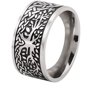 Retro stainless steel Tree of Life ring with Celtic knot patterns on a white background
