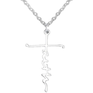 Collar de cruz plateado minimalista con grabado de letras faith en una cadena fina
