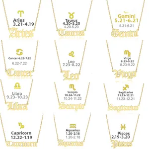 Collier Signe du Zodiaque en Acier Inoxydable Plaqué Or 18K Pendentif Lettre Gothique Vieil Anglais Collier Constellation Unisexe