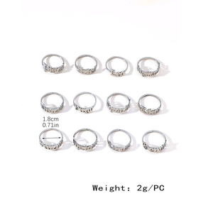 Set of 12 zodiac stainless steel open rings with hollow letter designs for men and women