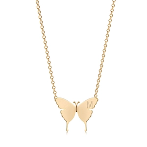 Elegant 18k gold plated butterfly pendant necklace with engraved letter M on cable chain