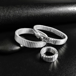 Stainless Steel Watch Band Style Elastic Stretch Bracelet And Ring For Women Men Minimalist Industrial Fashion Jewelry Gift