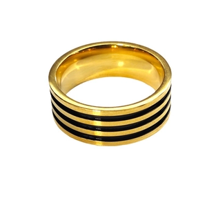 Bague minimaliste en acier titane doré avec trois rayures en émail noir pour hommes et femmes