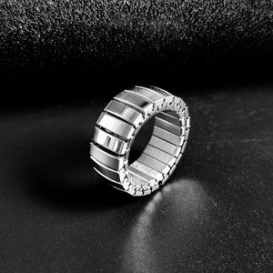 Detailed view of silver stainless steel stretch ring with a watch strap design