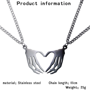 Gothic punk stainless steel couple necklace set with skeleton hand heart pendant