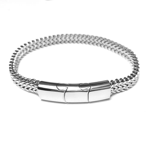 Polished silver stainless steel wheat chain bracelet with 3-piece magnetic puzzle clasp