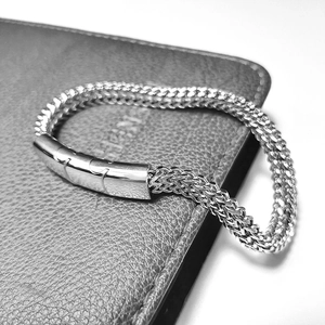Men's silver stainless steel Cuban wheat chain bracelet with magnetic cylindrical clasp