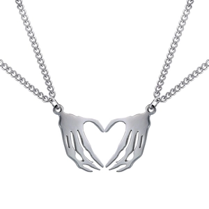 Gothic punk heart pendant necklaces featuring skeleton hands in polished stainless steel