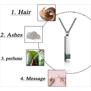 Silver geometric stainless steel urn necklace for ashes and hair with green stone