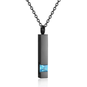 Black geometric urn necklace with light blue birthstone pendant for memorial jewelry