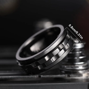 Black brushed titanium steel rotating stress relief ring for men with geometric texture