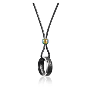 Detail of Her King engraved stainless steel ring pendant with iridescent color-changing bead