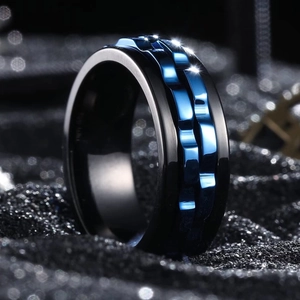 Men's matte black titanium steel rotatable gear ring with blue chain inlay for anxiety relief
