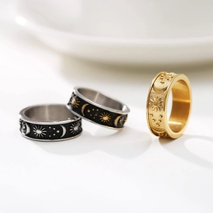 Vintage Roestvrij Stalen Zon Maan Ster Brede Bandring Voor Mannen Vrouwen Boheems Hemelse Astronomische Sieraden Ring