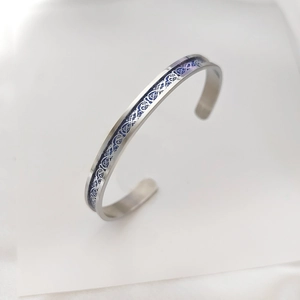 Mens stainless steel open bangle with blue luminous dragon pattern inlay and silver Celtic motif