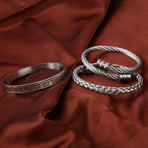 Set di 3 bracciali vintage in acciaio inossidabile argento con numeri romani e cavo intrecciato