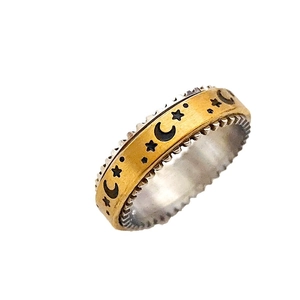 Rotatable star and moon pattern stainless steel ring with gold and silver dual tones
