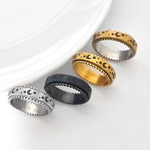 Stainless Steel Spinner Ring Moon Star Embossed Gear Edge Anxiety Stress Relief Rotating Band Ring For Men Women Jewelry