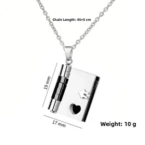 Stainless steel book locket necklace with hollow heart and house charm, 45cm plus 5cm chain