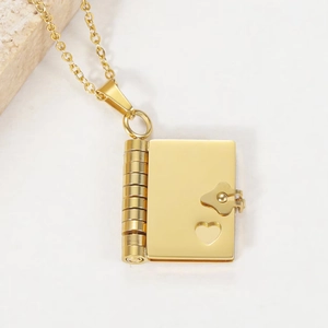 Gold book shaped locket necklace with hollow heart and stainless steel cable chain